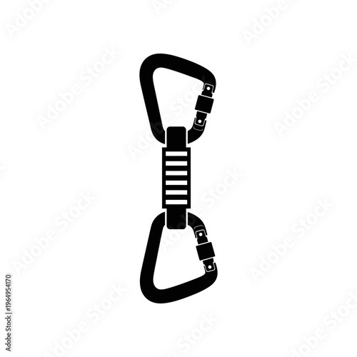 A black and white drawing of two carabiners connected by a metal piece