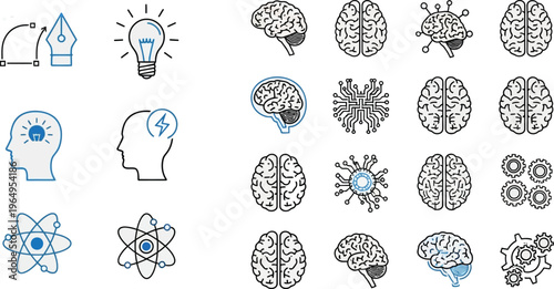 Various grey and blue line art icons represent cognitive functions, thinking processes, and scientific concepts.