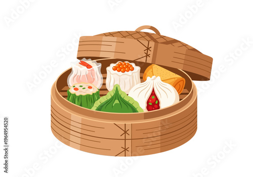 A bamboo steamer with open lid Inside are different steamed dim sum