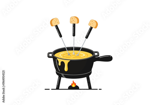 A black fondue pot with yellow cheese has bread on three forks The pot is heated by a flame