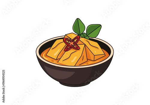 A bowl contains tofu cubes in a yellow broth garnished with chili rings and green leaves