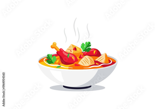 A bowl of chicken stew with vegetables and steam rising above