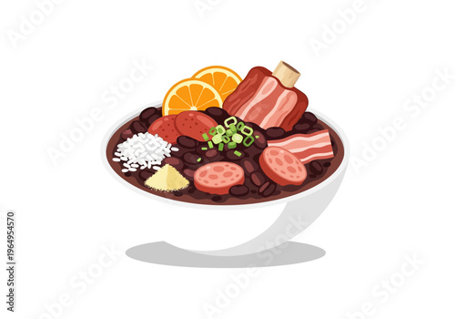 A bowl of feijoada black beans meat orange slices rice and garnish