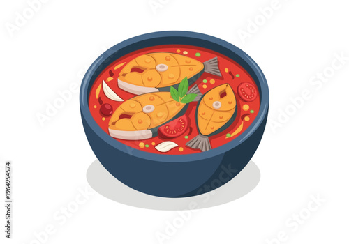 A bowl of fish stew with tomatobased broth Fish slices and vegetables are visible