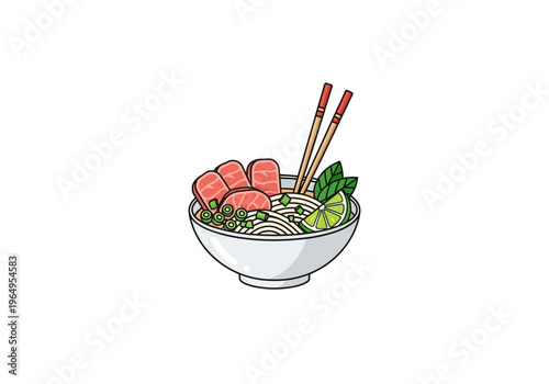 A bowl of noodles with salmon green onions lime basil and chopsticks