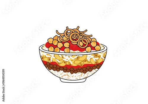 A bowl of layered food rice lentils sauce pasta cheese sauce chickpeas onion rings