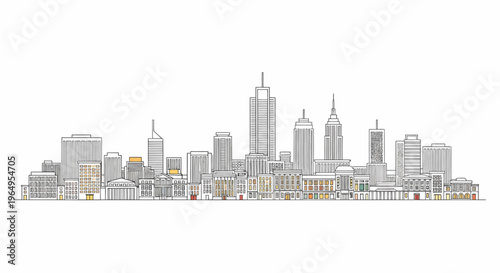 City skyline with tall buildings.