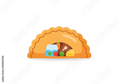 A cartoonish orange halfcircle pielike object with a scalloped edge encloses miniature food items
