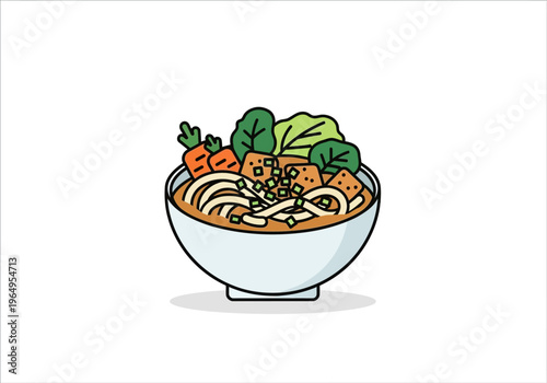 A cartoonstyle bowl of ramen Carrots tofu greens and noodles are in the broth