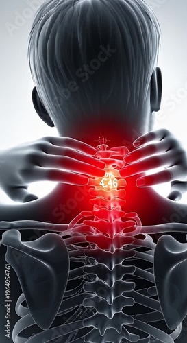 Medical illustration of human neck and spine highlighting pain