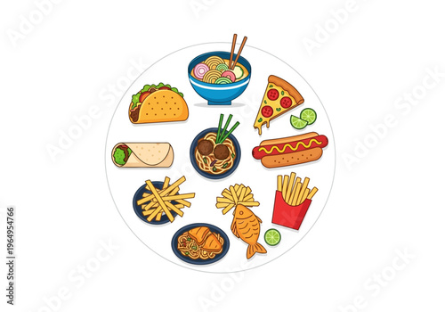 A circular arrangement of eleven cartoon food items a taco burrito ramen bowl pizza slice hotdog two plates of fries and two noodle dishes