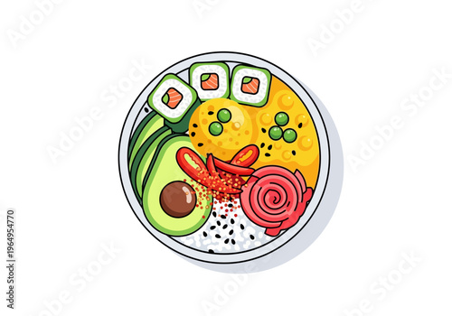 A cartoonstyle poke bowl is centered It contains avocado sushi eggs red chili and ginger
