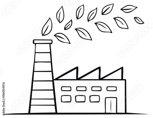 Industrial plant emitting leaves instead of smoke symbolizing eco-friendly production and sustainability