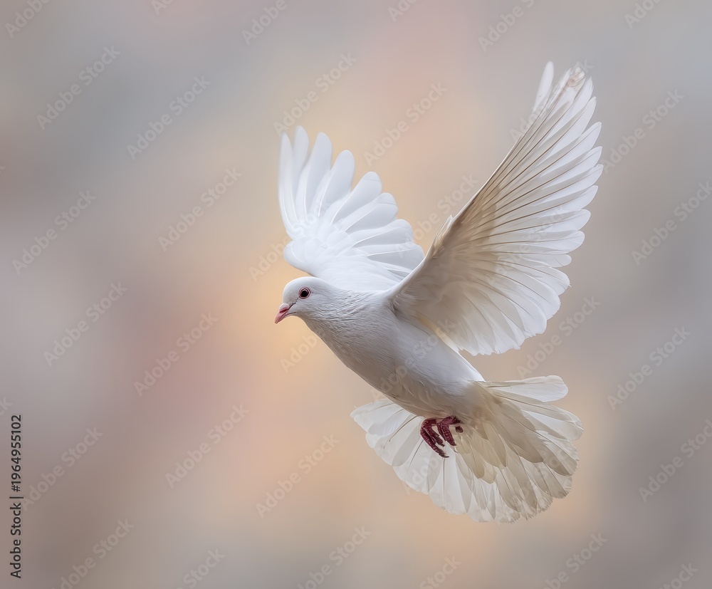 Obraz premium Dove in Flight: A pristine white dove, symbolizing peace and hope, soars gracefully through the air, its wings spread wide against a soft, ethereal backdrop.