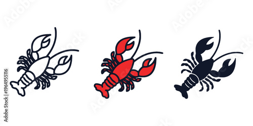Lobster and Crawfish Icon Set in Outline, Red, and Silhouette Styles