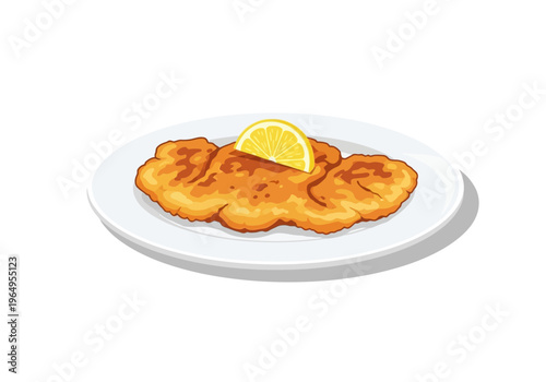 A fried meat cutlet on a white plate topped with a lemon slice The plate casts a shadow