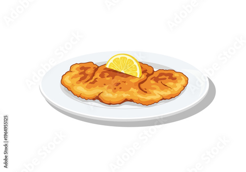 A golden fried cutlet topped with a lemon slice sits on a white plate against a white backdrop