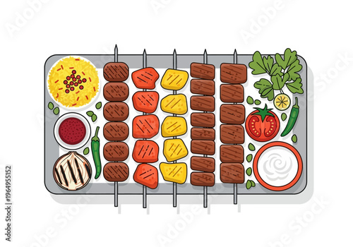 A flat illustration of a tray with kebabs rice sauces vegetables and condiments
