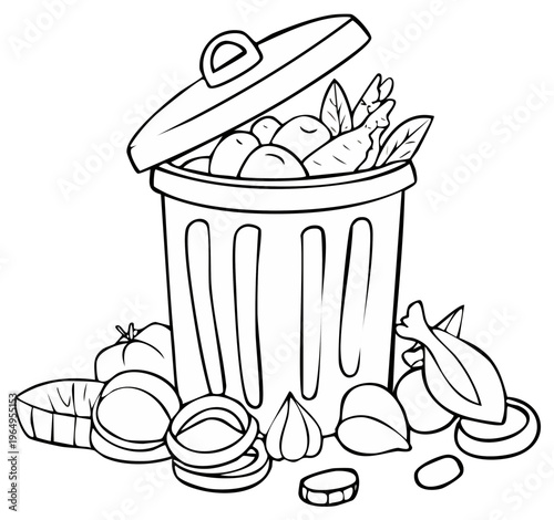 Trash Can Overflowing with Expired Food Waste Illustration, Spoiled Vegetables, and Garbage