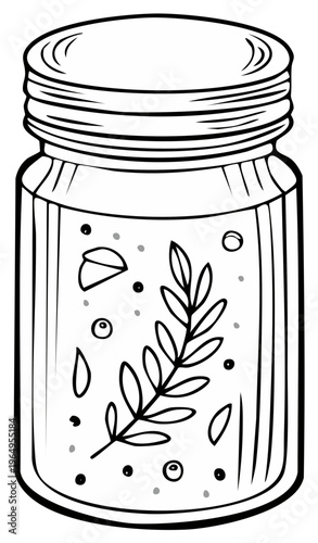 Hand drawn jar with botanical elements preserved in liquid perfect for canning and homemade ingredients