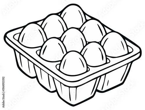 Nine Eggs in a Plastic Container Black and White Line Art Drawing Food Source Poultry Product Wholesome Farm Fresh