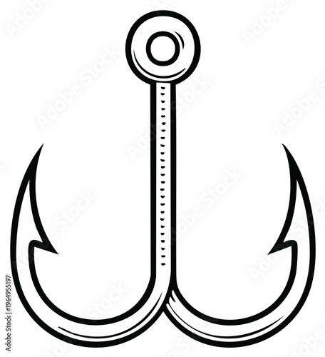 Double barbed fishing hook with circular eyelet graphic illustration