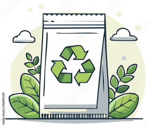 Green recycling symbol on a package with leaves and clouds in a clean design