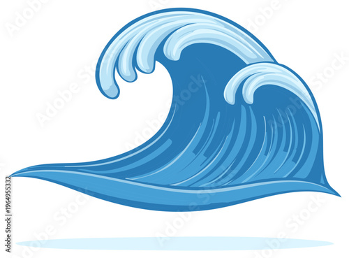 Dynamic Blue Ocean Wave Cresting with White Foam in a Stylized Artistic Illustration