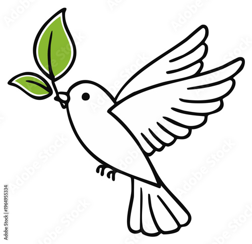 Simple line drawing of a white dove flying with a green leaf branch in its beak