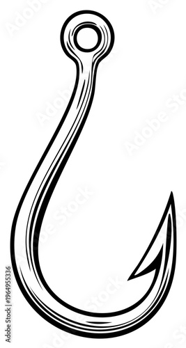 Illustration of a sharp fishing hook lure bait design, detailed line art for angling