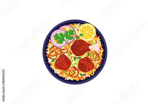 A plate of chicken biryani garnished with lemon onion and herbs