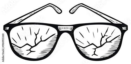 Hand Drawn Illustration of Cracked Eyeglasses Symbolizing Vision Problems or Shattered Perception