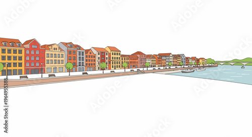 Colorful buildings by the ocean shore.