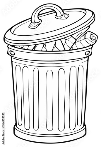 Line Art Trash Can Overfilled with Junk Waste Container Drawing Style Illustration