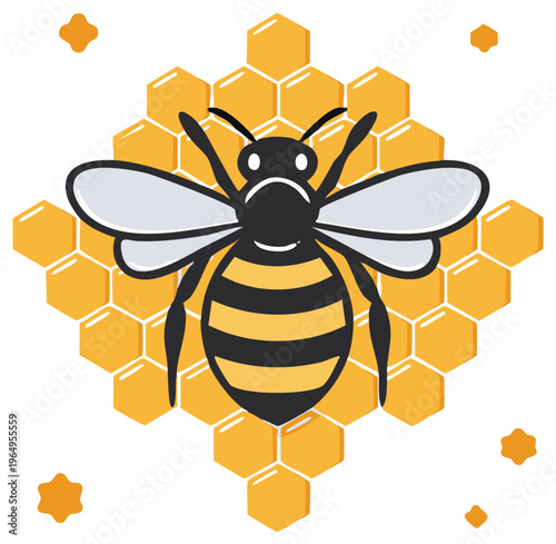 Cartoon bee with honeycomb illustration. Insect emblem or logo concept