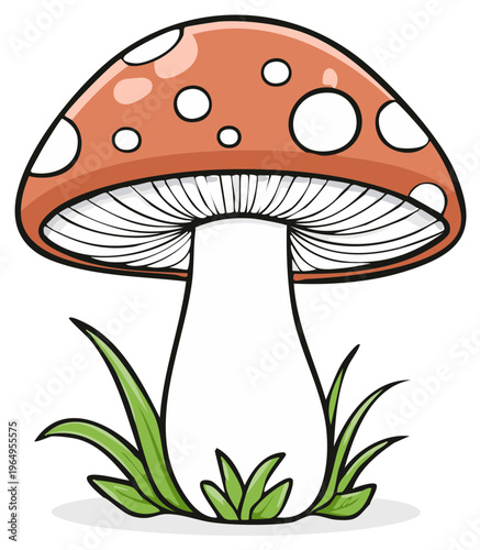 Cartoon mushroom illustration with grass. Hand-drawn design for kids and nature concepts.
