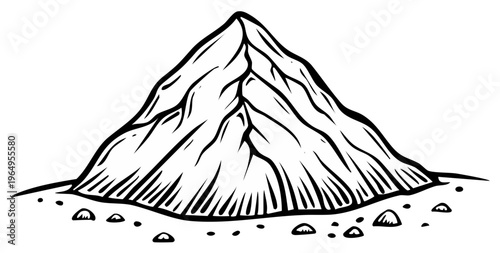 Hand-drawn illustration of a conical mountain peak with rocky terrain and pebbles