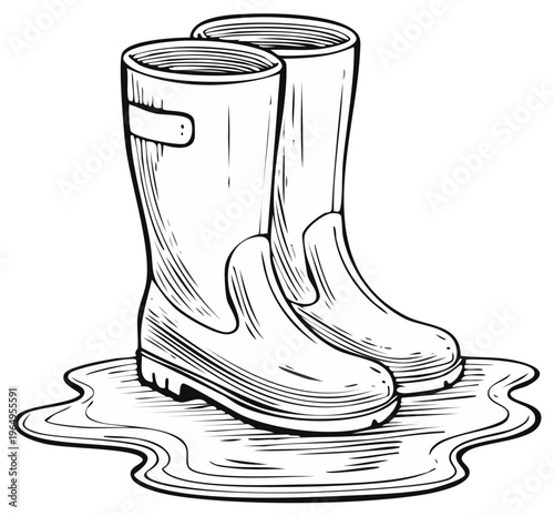 Sketch of rubber boots standing in a puddle of water isolated illustration of wellington boots