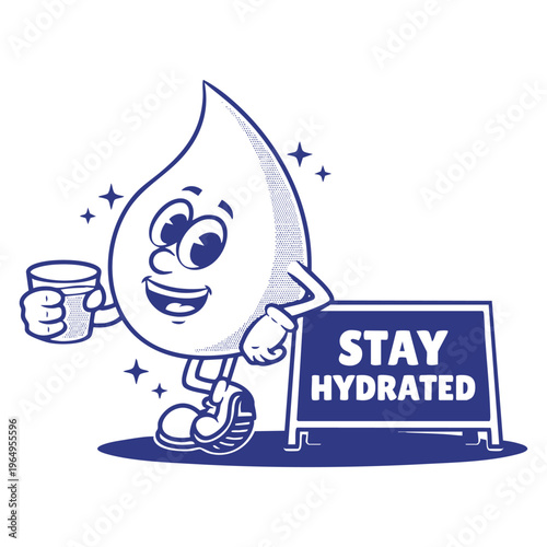 cute retro drop water cartoon vector illustration relax pose healthy object stay hydrated holding glass isolated flat