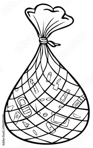 Outline illustration of a hanging mesh bag filled with everyday garbage, waste products, and litter