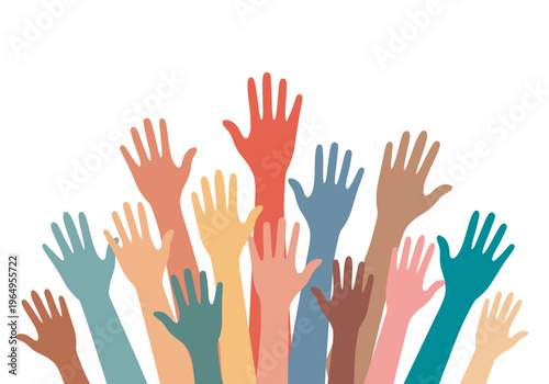Colorful raised hands volunteering concept vector illustration on white background 