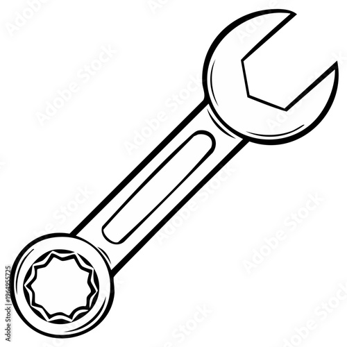 Simple Black and White Line Drawing of a Combination Wrench Tool