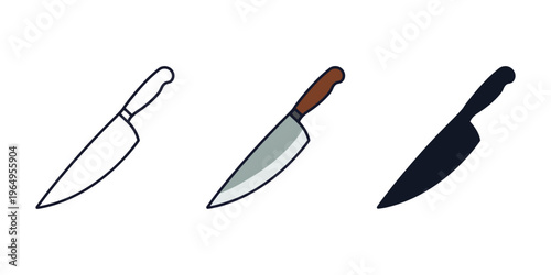 Set of Kitchen Chef Knife Icons in Outline, Color, and Silhouette Styles