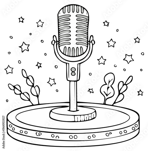 Retro microphone illustration with stars and decorative plants, line art