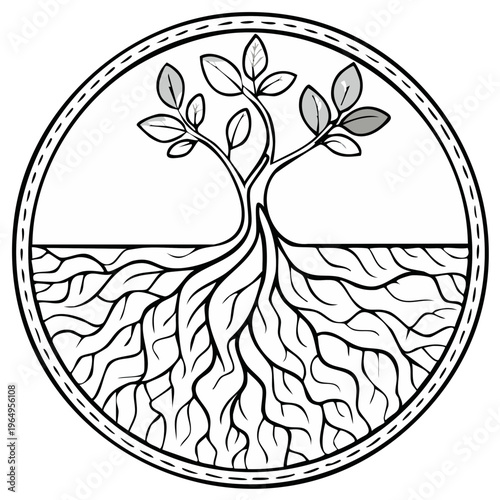 Stylized Tree of Life with intricate root system depicted in a circular emblem