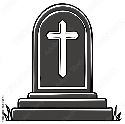 Cartoon tombstone with Christian cross on grass.