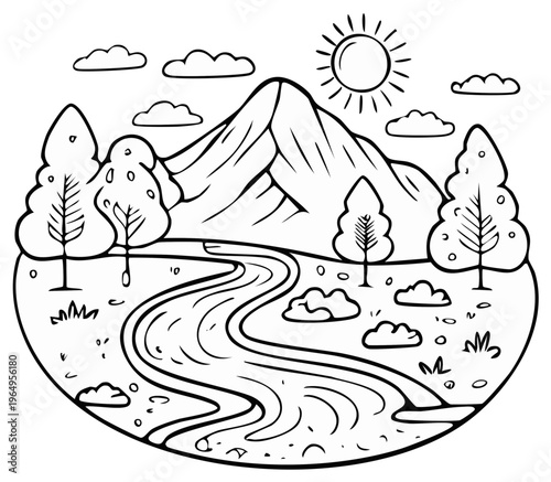 Cartoon landscape with winding river flowing past trees and mountains under a sunny sky