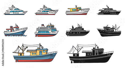 Collection of Diverse Boats and Yachts: Motorboats, Fishing Vessels, Luxury Cruisers