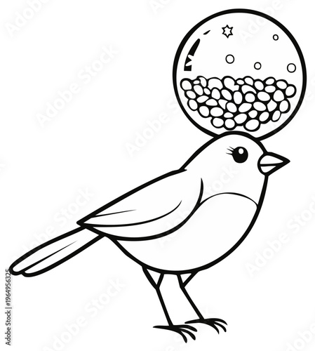 Cartoon bird balancing seed container in black and white, bird feeder concept