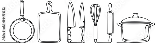 Continuous one line drawing of kitchen tools including frying pan cutting board knives whisk rolling pin and pot vector